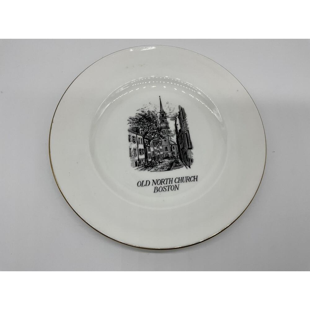 Vintage Old North Church Boston Souvenir Plate Crown Staffordshire England Gold